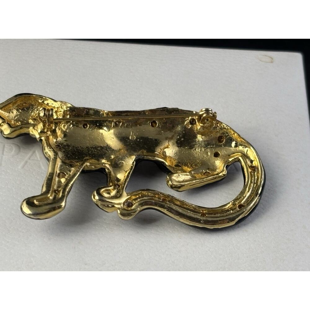 Vintage 1980’s BLACK Leopard Brooch Goldtone Enamel Rhinestone 2.5 Inches EUC - Picture 4 of 6